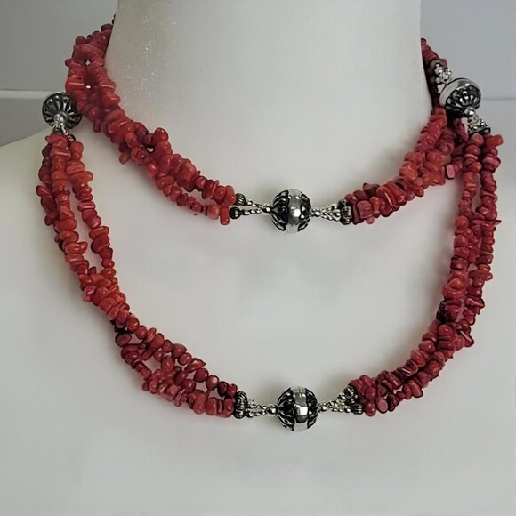CAROLYN POLLACK Triple Strand Natural Red Coral Nugget .925 Native Pearl Beads - Picture 4 of 12